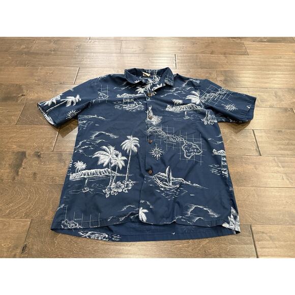 Royal Creations Mens Blue Hawaiian Tropical Map Print Button Up Shirt Size XL - Picture 2 of 8